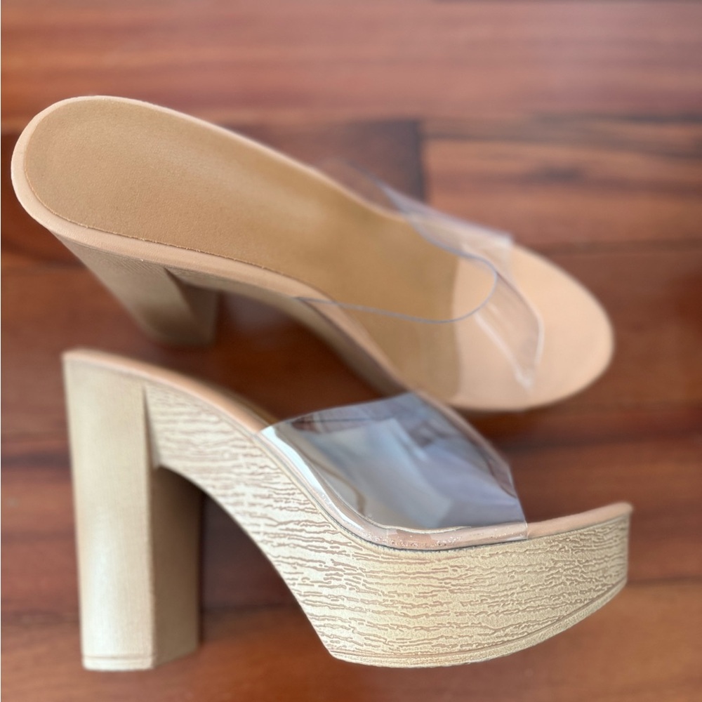 Tan Block Heel Mules